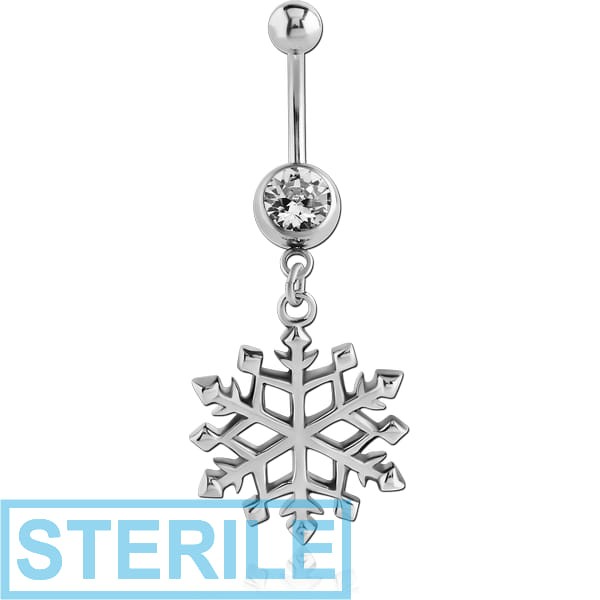 STERILE SURGICAL STEEL JEWELLED NAVEL BANANA WITH DANGLING CHARM - SNOWFLAKE