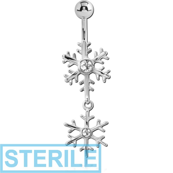 STERILE RHODIUM PLATED BRASS JEWELLED SNOWFLAKE NAVEL BANANA WITH DANGLING CHARM - SNOWFLAKE