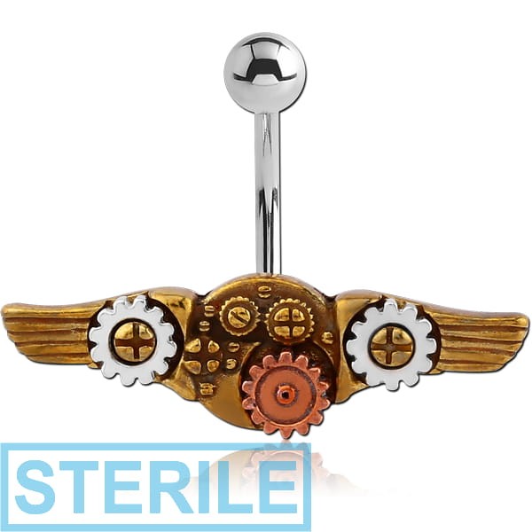 STERILE SURGICAL STEEL JEWELLED NAVEL BANANA BRASS WHITE METAL AND COPPER PARTS CHARM - STEAMPUNK