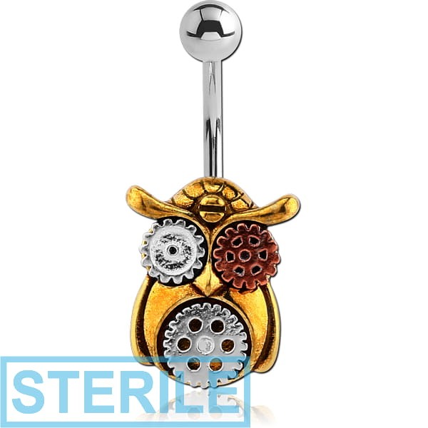 STERILE SURGICAL STEEL JEWELLED NAVEL BANANA WITH DANGLING BRASS WHITE METAL AND COPPER PARTS CHARM - STEAMPUNK