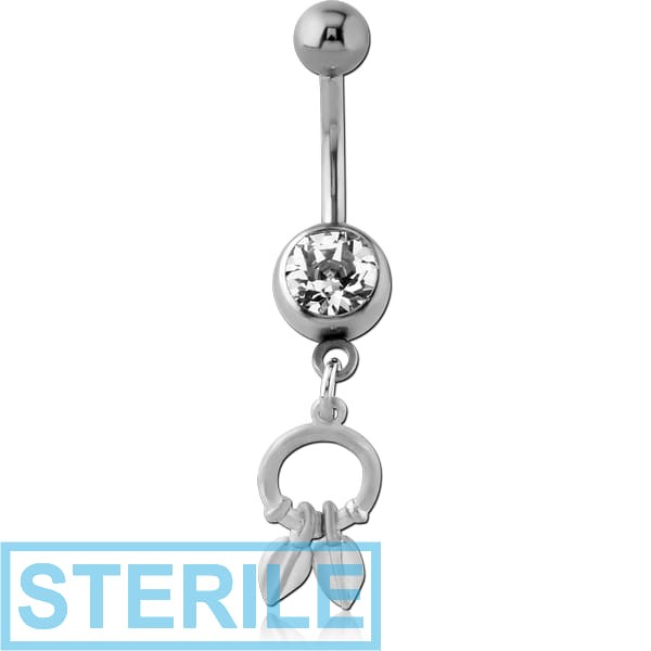 STERILE RHODIUM PLATED BRASS JEWELLED NAVEL BANANA WITH CHARM - CIRCLE AND LEAF