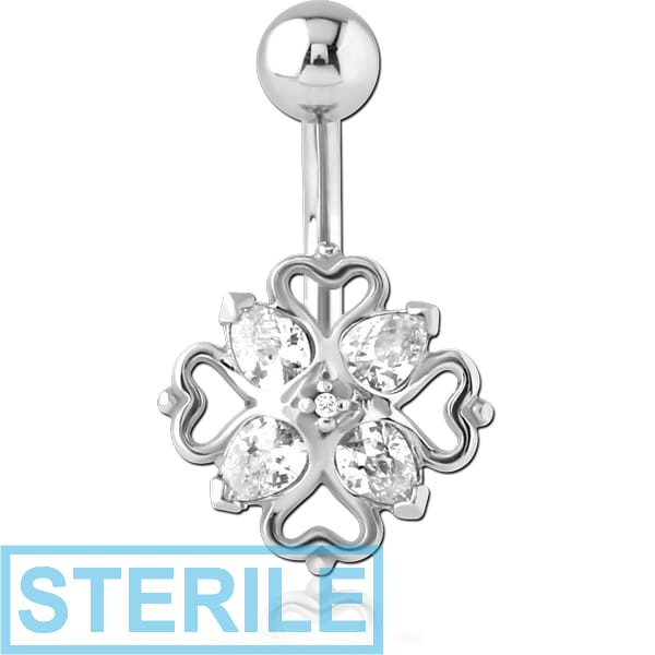 STERILE RHODIUM PLATED BRASS JEWELLED NAVEL BANANA - HEART FILIGREE