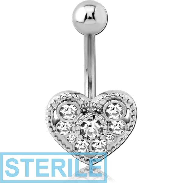 STERILE RHODIUM PLATED BRASS JEWELLED NAVEL BANANA - HEART