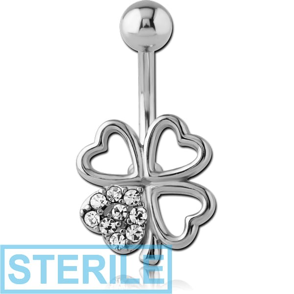 STERILE RHODIUM PLATED BRASS JEWELLED NAVEL BANANA - SHAMROCK