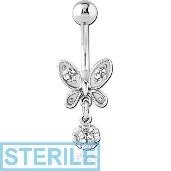 STERILE RHODIUM PLATED BRASS JEWELLED NAVEL BANANA - BUTTERFLY AND FLOWER