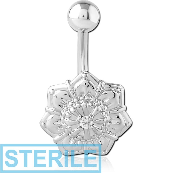 STERILE RHODIUM PLATED BRASS JEWELLED NAVEL BANANA - FLOWER