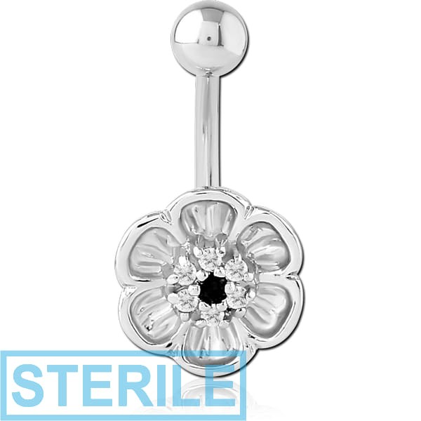 STERILE RHODIUM PLATED BRASS JEWELLED NAVEL BANANA - FLOWER