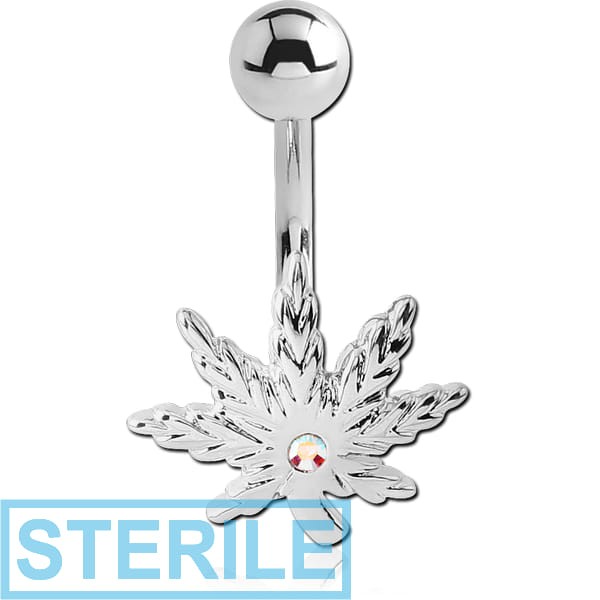 STERILE RHODIUM PLATED BRASS JEWELLED NAVEL BANANA - MARIJUANA LEAF