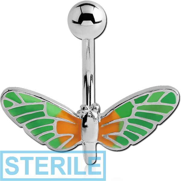 STERILE RHODIUM PLATED BRASS JEWELLED NAVEL BANANA WITH ENAMEL- BUTTERFLY