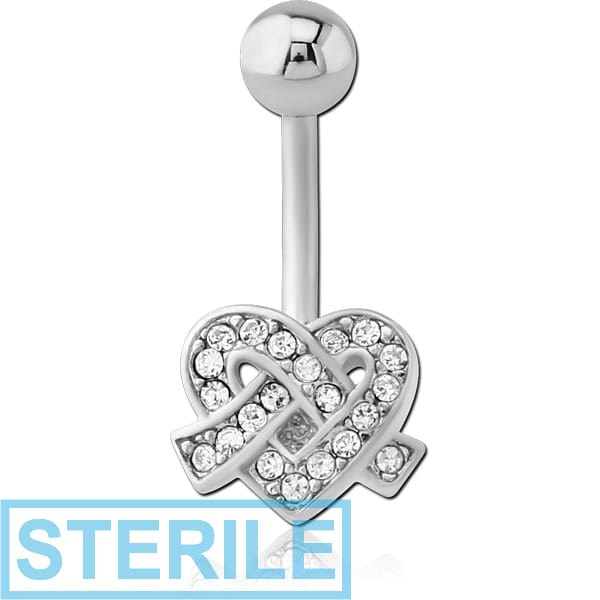 STERILE RHODIUM PLATED BRASS JEWELLED NAVEL BANANA - HEART KNOT