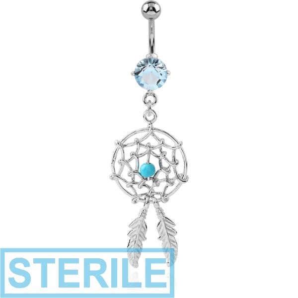 STERILE RHODIUM PLATED BRASS JEWELLED NAVEL BANANA WITH DANGLING CHARM - DREAMCATCHER FEATHER