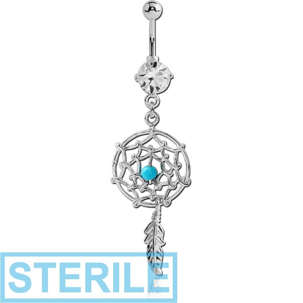 STERILE RHODIUM PLATED BRASS JEWELLED NAVEL BANANA WITH DANGLING CHARM - DREAMCATCHER FEATHER