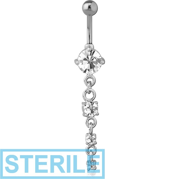 STERILE RHODIUM PLATED BRASS JEWELLED NAVEL BANANA WITH DANGLING CHARM