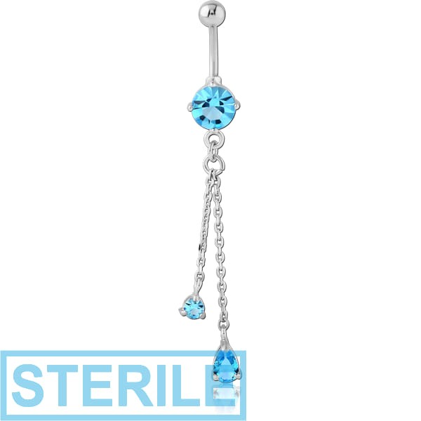 STERILE RHODIUM PLATED BRASS JEWELLED NAVEL BANANA WITH DANGLING CHARM - PEAR AND ROUND