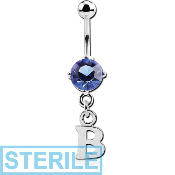 STERILE RHODIUM PLATED BRASS JEWELLED NAVEL BANANA WITH DANGLING CHARM - B