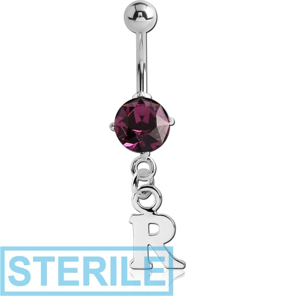 STERILE RHODIUM PLATED BRASS JEWELLED NAVEL BANANA WITH DANGLING CHARM - R