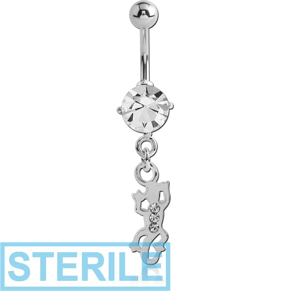 STERILE RHODIUM PLATED BRASS JEWELLED NAVEL BANANA WITH DANGLING CHARM - SALAMANDER