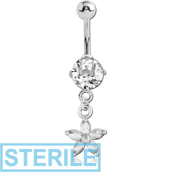 STERILE RHODIUM PLATED BRASS JEWELLED NAVEL BANANA WITH DANGLING CHARM - FLOWER
