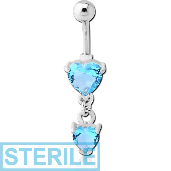 STERILE RHODIUM PLATED BRASS JEWELLED HEART NAVEL BANANA WITH DANGLING CHARM - HEART