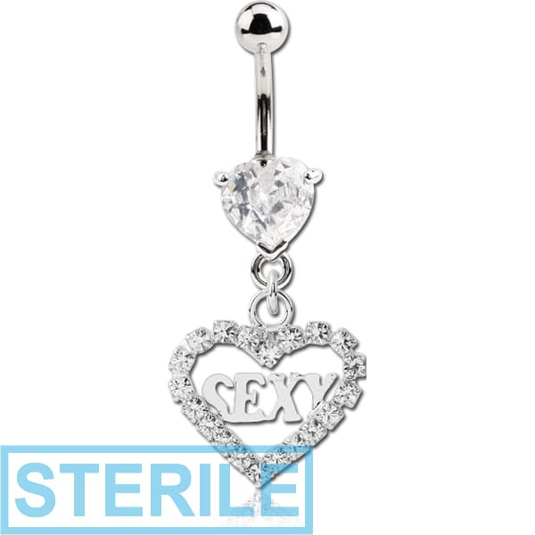 STERILE RHODIUM PLATED BRASS JEWELLED HEART NAVEL BANANA WITH DANGLING CHARM