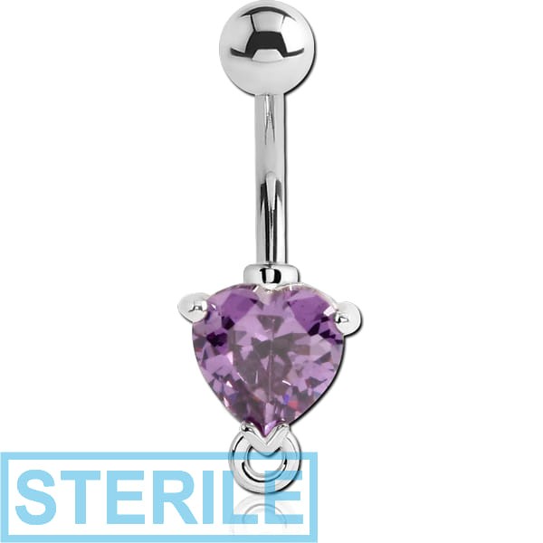 STERILE RHODIUM PLATED BRASS JEWELLED HEART NAVEL BANANA WITH HOOP