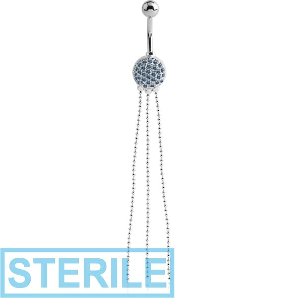 STERILE RHODIUM PLATED BRASS JEWELLED ROUND NAVEL BANANA WITH DANGLING CHAINS