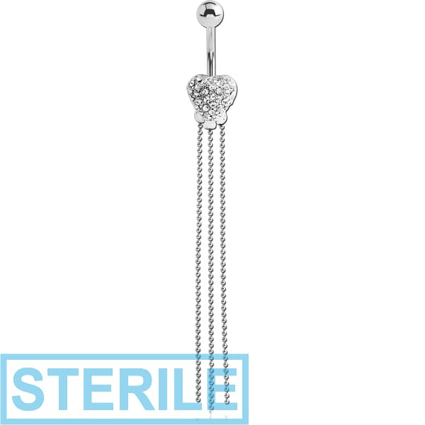 STERILE RHODIUM PLATED BRASS JEWELLED HEART NAVEL BANANA WITH DANGLING CHAINS