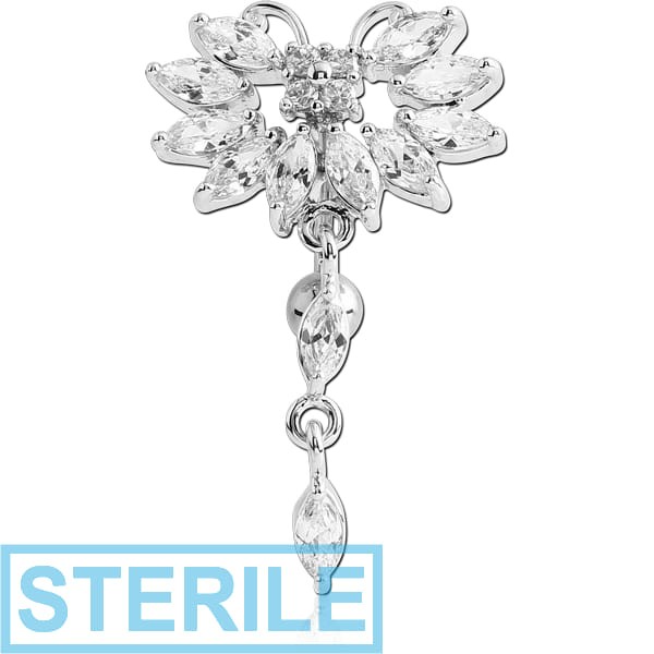 STERILE RHODIUM PLATED BRASS JEWELLED BUTTERFLY REVERSE NAVEL BANANA WITH DANGLING CHARM - PEAR