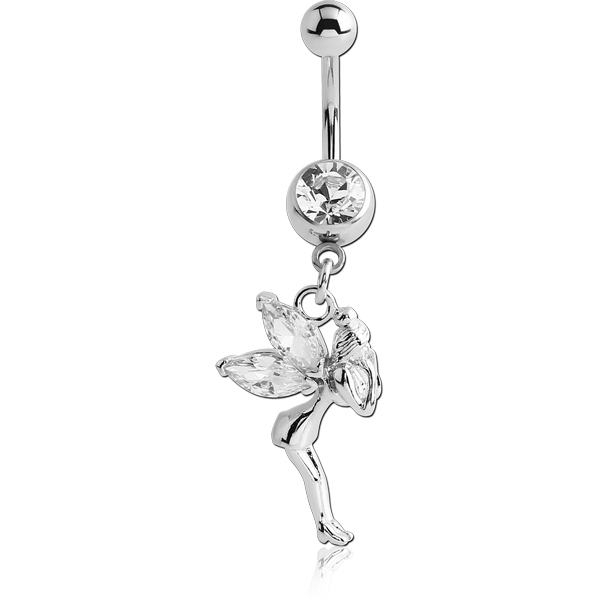 SURGICAL STEEL JEWELLED NAVEL BANANA WITH DANGLING CHARM - FAIRY