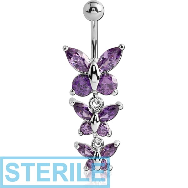 STERILE RHODIUM PLATED BRASS JEWELLED BUTTERFLY NAVEL BANANA WITH DANGLING CHARM - BUTTERFLY