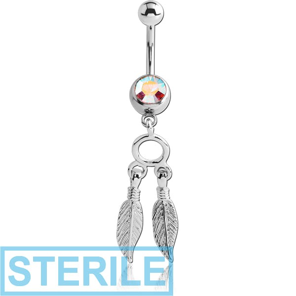 STERILE SURGICAL STEEL JEWELLED NAVEL BANANA WITH DANGLING CHARM - FEATHER