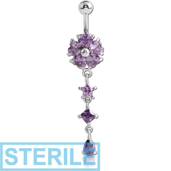 STERILE RHODIUM PLATED BRASS JEWELLED FLOWER NAVEL BANANA WITH DANGLING CHARM - STAR AND DROP