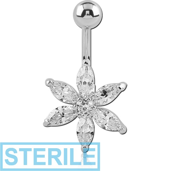 STERILE RHODIUM PLATED BRASS JEWELLED NAVEL BANANA - FLOWER