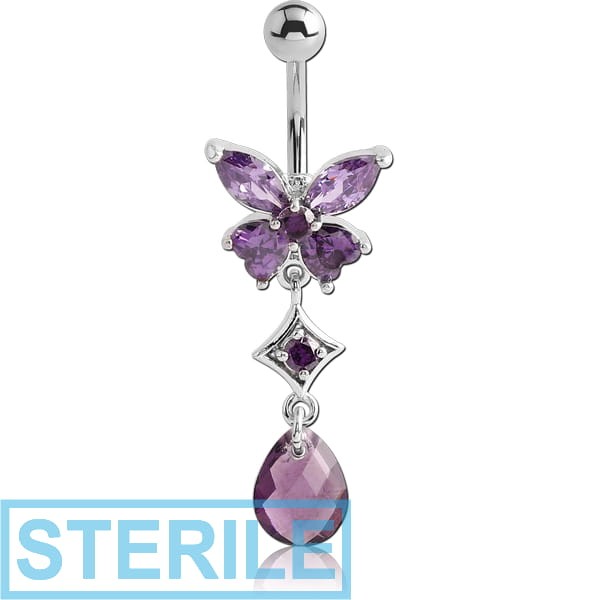 STERILE RHODIUM PLATED BRASS JEWELLED BUTTERFLY NAVEL BANANA WITH DANGLING CHARM - DROP