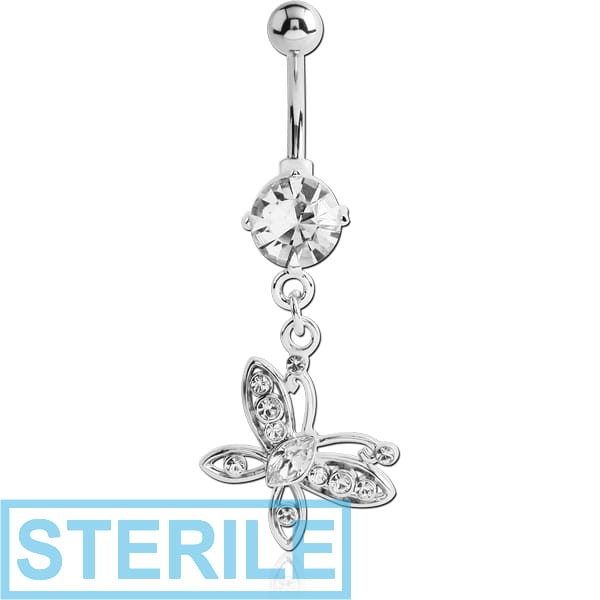 STERILE RHODIUM PLATED BRASS JEWELLED NAVEL BANANA WITH DANGLING CHARM - BUTTERFLY