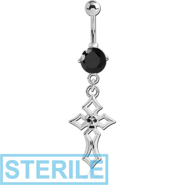 STERILE RHODIUM PLATED BRASS JEWELLED NAVEL BANANA WITH DANGLING CHARM - SKULL CROSS