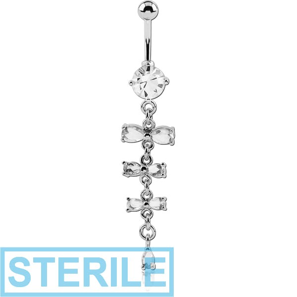 STERILE RHODIUM PLATED BRASS JEWELLED NAVEL BANANA WITH DANGLING CHARM - THREE BOWS