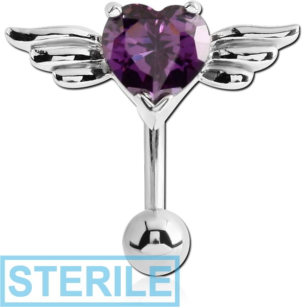 STERILE RHODIUM PLATED BRASS JEWELLED REVERS NAVEL BANANA - WINGED HEART