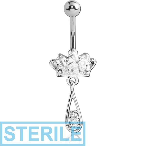STERILE RHODIUM PLATED BRASS JEWELLED CROWN NAVEL BANANA WITH DANGLING CHARM - DROP