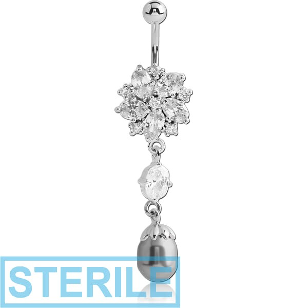 STERILE RHODIUM PLATED BRASS SNOWFLAKE JEWELLED NAVEL BANANA WITH DANGLING CHARM - SYNTHETIC PEARL