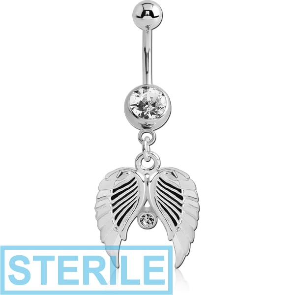 STERILE SURGICAL STEEL JEWELLED NAVEL BANANA WITH DANGLING CHARM - WINGS