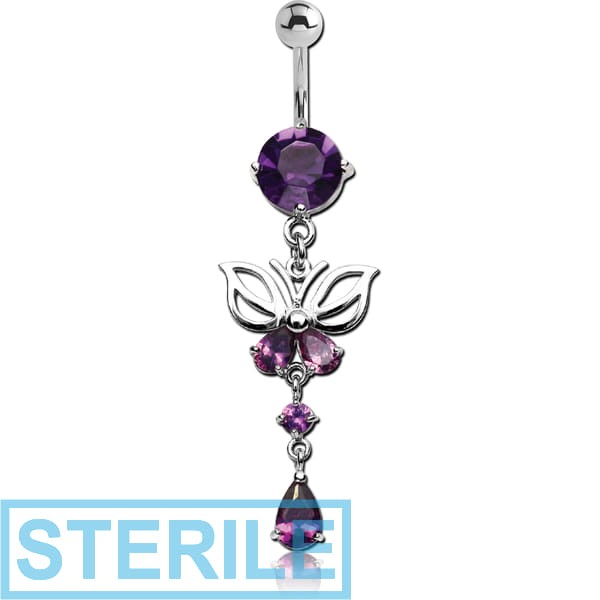 STERILE RHODIUM PLATED BRASS JEWELLED NAVEL BANANA WITH DANGLING CHARM - BUTTERFLY