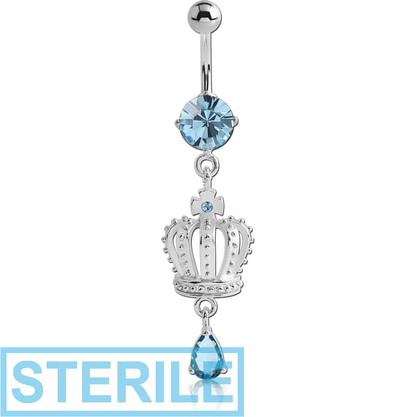 STERILE RHODIUM PLATED BRASS JEWELLED NAVEL BANANA WITH DANGLING CHARM - CROWN