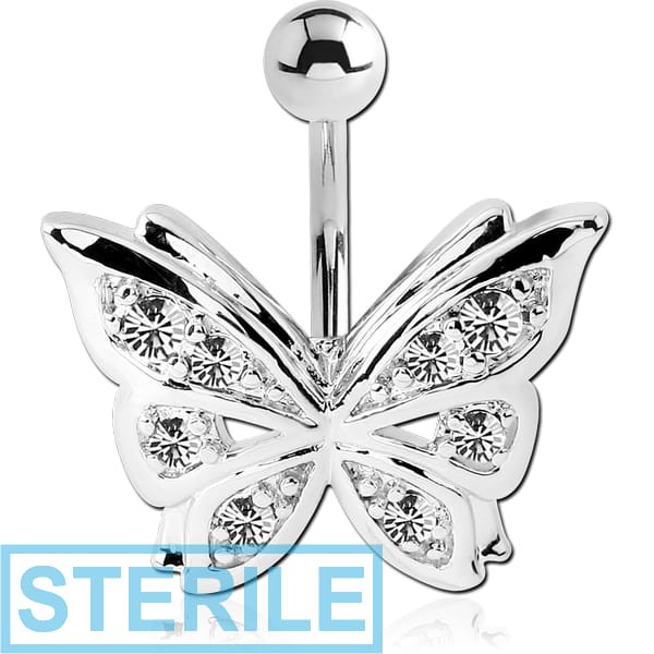 STERILE RHODIUM PLATED BRASS VALUE JEWELLED NAVEL BANANA - BUTTERFLY