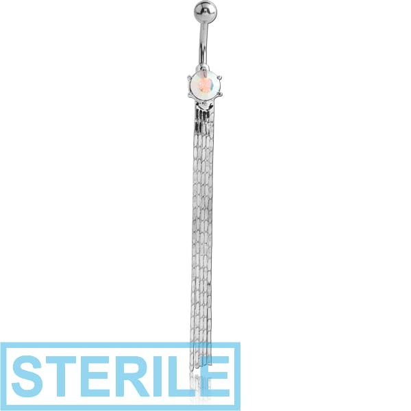 STERILE RHODIUM PLATED BRASS PREMIUM CRYSTALS JEWELLED NAVEL BANANA WITH DANGLING CHAINS