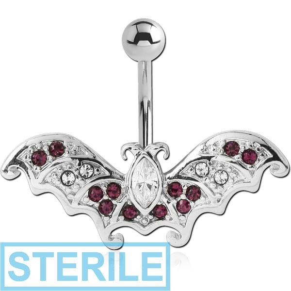 STERILE RHODIUM PLATED BRASS JEWELLED NAVEL BANANA - BAT