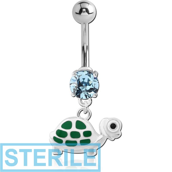 STERILE RHODIUM PLATED BRASS JEWELLED NAVEL BANANA WITH DANGLING CHARM - TURTLE