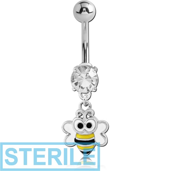 STERILE RHODIUM PLATED BRASS JEWELLED NAVEL BANANA WITH DANGLING CHARM - BEE