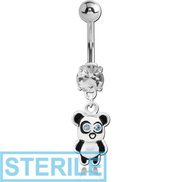 STERILE RHODIUM PLATED BRASS JEWELLED NAVEL BANANA WITH DANGLING CHARM - BEAR