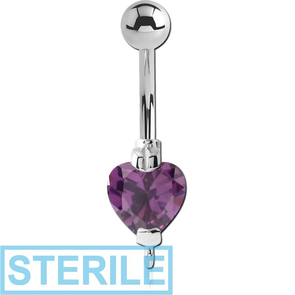 STERILE RHODIUM PLATED BRASS HEART JEWELLED NAVEL BANANA WITH HOOP